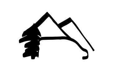 Simple illustration, van, mountains, tree. Isolated on white background. Black and white. 