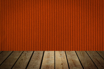 The background is blank wooden boards and a textured striped wall with gradient lighting and vignetting.