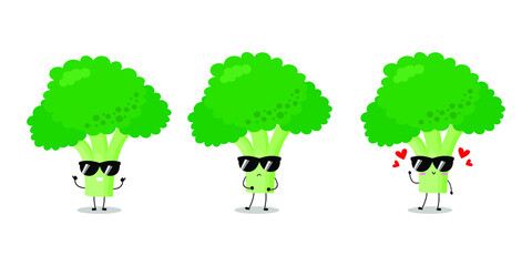 Vector illustration of green broccoli character with cute expression, funny, plant, tree, isolated on white background, vegetable for mascot collection, emoticon kawaii, sunglasses, cool, happy