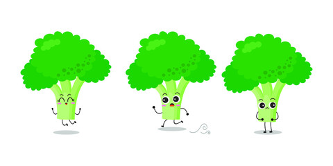 Vector illustration of green broccoli character with various cute expression, funny, plant, tree, isolated on white background, vegetable for mascot collection, emoticon kawaii, happy, adorable