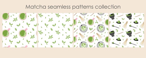 Matcha seamless pattern set. Hand drawn traditional japanese drink, cup with latte, chinese green tea trendy organic delicious beverage. Decor textile, wrapping paper wallpaper vector print or fabric