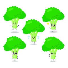 Vector illustration of green broccoli character with various cute expression, funny, plant, tree, isolated on white background, vegetable for mascot collection, emoticon kawaii, happy, smile