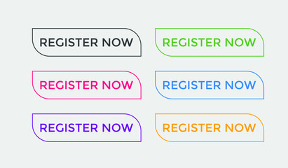 colorful register now text web button, set of register now sign icon for web site