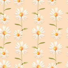 Seamless pattern with white meadow chamomile flowers on a beige background, watercolor illustration.