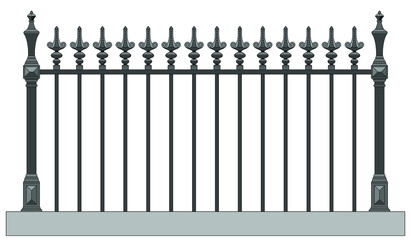Classic Iron Fence With Metal Pillars. Ancient Wrought Iron Fence. Medieval Fence. Urban Design. Decor. Vintage. Luxury Modern Architecture. Castle. City. Street. Park. Blacksmithing. Isolated. Vector