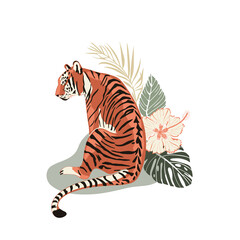 vector illustration bengal tiger on plant background, symbol of chinese new year