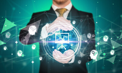 Businessman holdig business icons concept