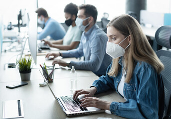 Group of business people wear protective face mask working in office with new normal lifestyle concept
