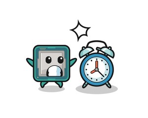 Cartoon Illustration of processor is surprised with a giant alarm clock