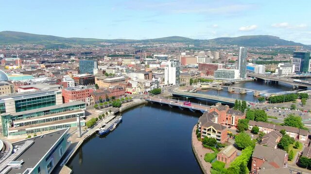 Aerial view on river and buildings in City center of Belfast Northern Ireland. Drone photo, high angle view of town