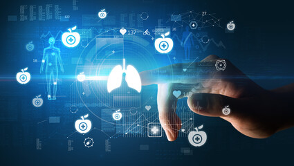 Doctor hand pressing futuristic health device with medical symbol on screen