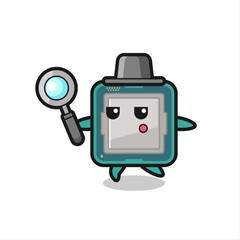 processor cartoon character searching with a magnifying glass