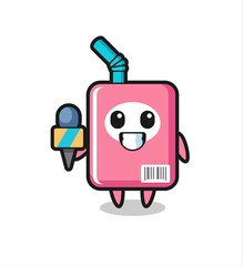 Character mascot of milk box as a news reporter