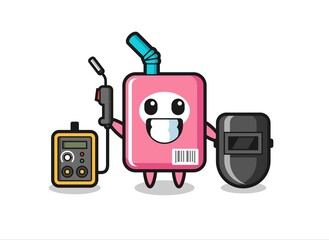 Character mascot of milk box as a welder