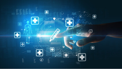 Doctor hand pressing futuristic health device with medical symbol on screen