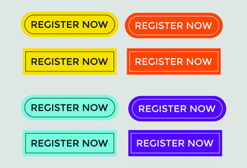 colorful register now text web button, set of register now sign icon for web site
