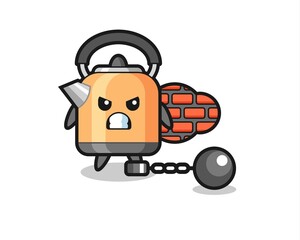 Character mascot of kettle as a prisoner