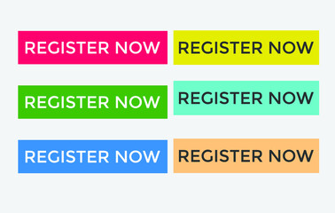 colorful register now text web button, set of register now sign icon for web site