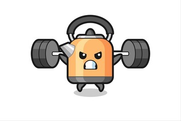 kettle mascot cartoon with a barbell