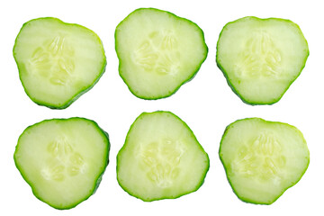 Fresh cucumber slices isolated on white background, top view. Fresh cucumber slices isolated on white background, top view. Cucumber slices isolated on white. Set of fresh round cucumber slices.