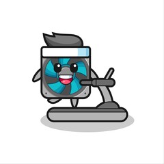 computer fan cartoon character walking on the treadmill