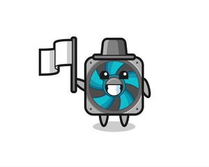 Cartoon character of computer fan holding a flag