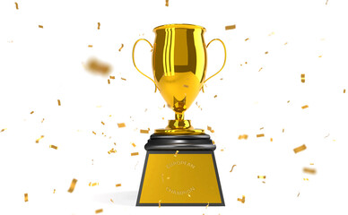 Golden cup trophy prize congratulations on victory with candy on white background 3d rendering illustration