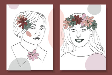 Two abstract portraits of fictional girls. Young, beautiful women on a white background with flowers in their hair. People drawn with a line.