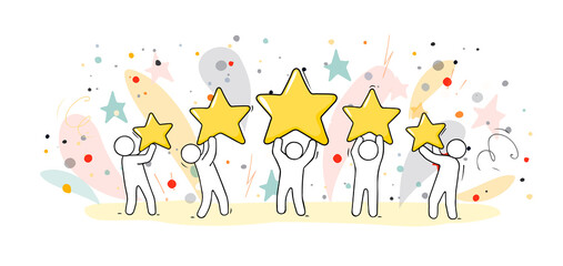 Happy people holding five golden stars.