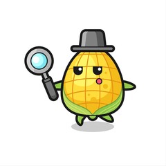 corn cartoon character searching with a magnifying glass
