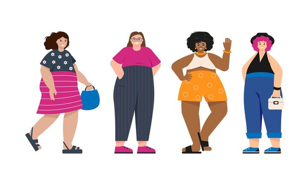 Body positive happy women dressed in trendy clothes