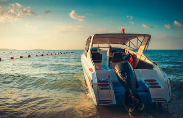 Speed boat at the sea beach and sunset.