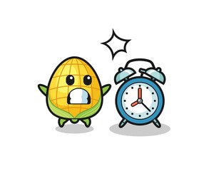 Cartoon Illustration of corn is surprised with a giant alarm clock