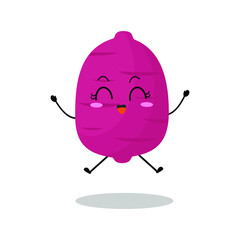 Vector illustration of purple sweet potato character with cute expression, funny, isolated on white background, vegetable for mascot collection, emoticon kawaii, tubers, happy, jump, celebration