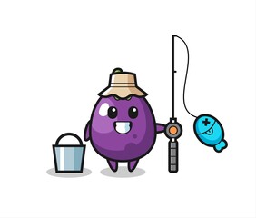 Mascot character of eggplant as a fisherman