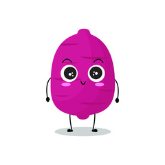 Vector illustration of purple sweet potato character with cute expression, funny, isolated on white background, vegetable for mascot collection, emoticon kawaii, tubers, smile, greeting, adorable