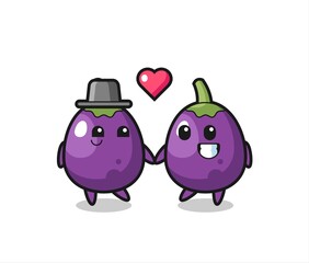 eggplant cartoon character couple with fall in love gesture