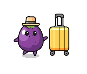 eggplant cartoon illustration with luggage on vacation