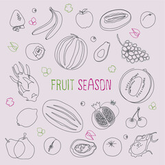 Background with linear sketches of different fruits and small leaves.
