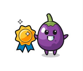 eggplant mascot illustration holding a golden badge