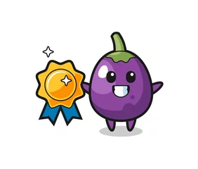 Fotobehang eggplant mascot illustration holding a golden badge © heriyusuf
