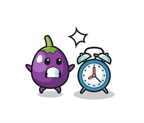 Cartoon Illustration of eggplant is surprised with a giant alarm clock
