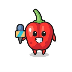 Character mascot of red bell pepper as a news reporter