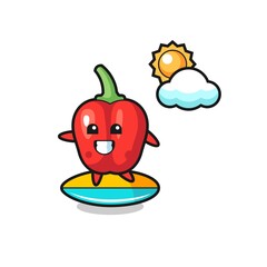 Illustration of red bell pepper cartoon do surfing on the beach