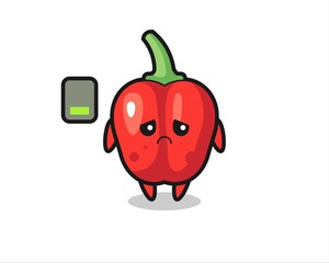 red bell pepper mascot character doing a tired gesture