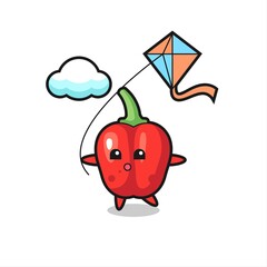 red bell pepper mascot illustration is playing kite