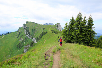 Fototapeta premium hiking with children at idyllic ridgeway Brauneck mountain