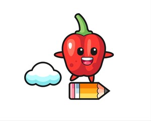 red bell pepper mascot illustration riding on a giant pencil