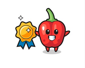 red bell pepper mascot illustration holding a golden badge