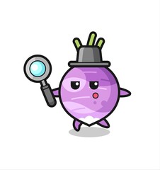 turnip cartoon character searching with a magnifying glass